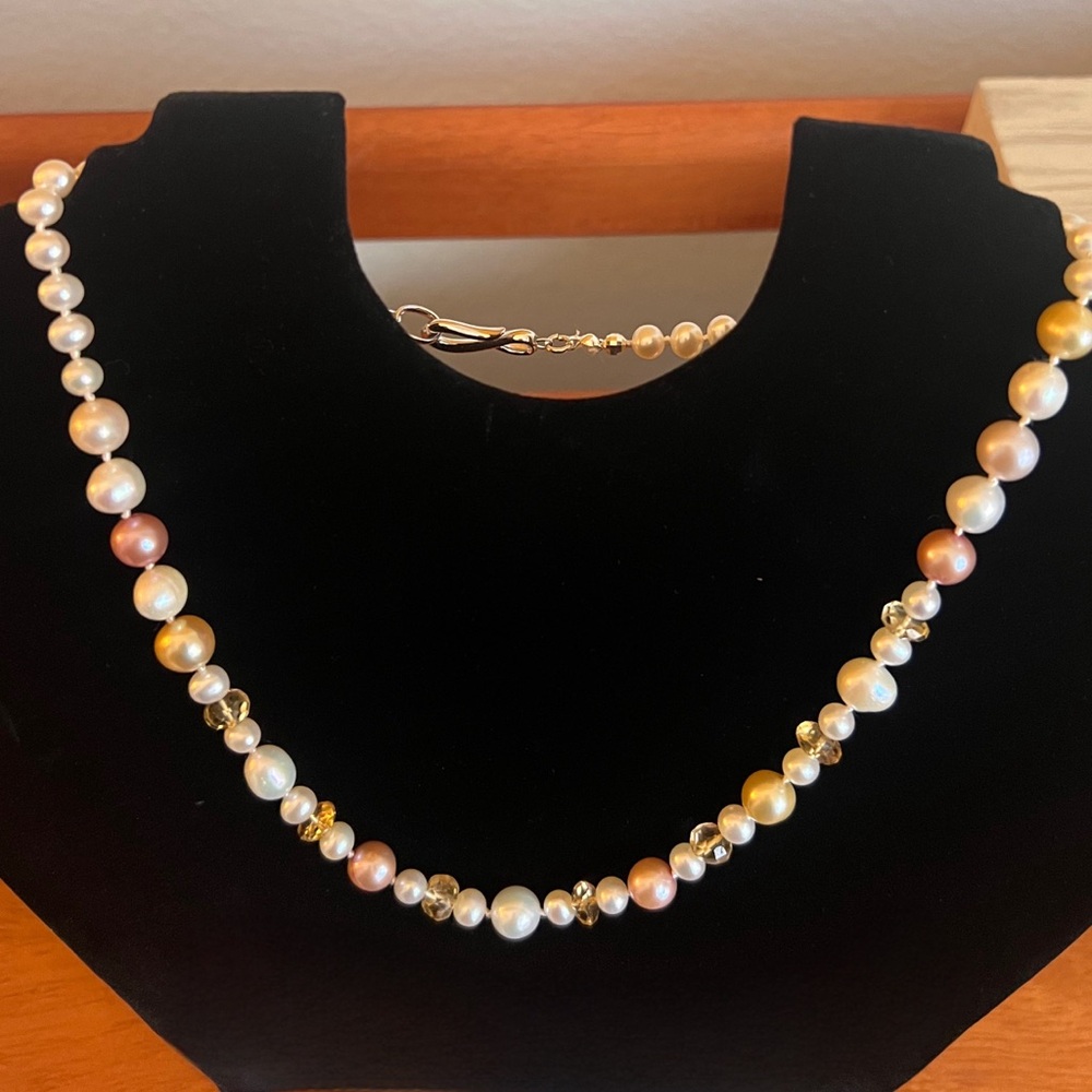 Hand strung Silk Thread Fresh Water Pearl &Citrine necklace silver clasp 18 inch